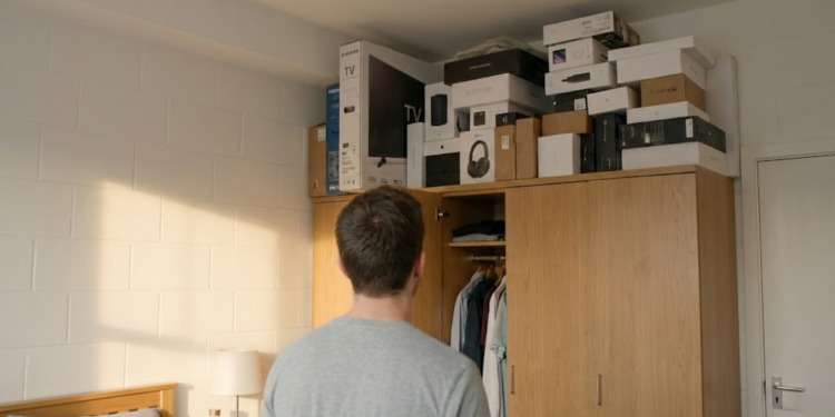 Visão por trás de alguém olhando para o topo do guarda-roupa lotado de caixas de TV e eletrônicos antigos