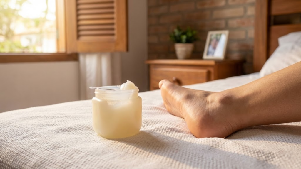 Mãos aplicando uma camada grossa de vaselina no calcanhar ressecado