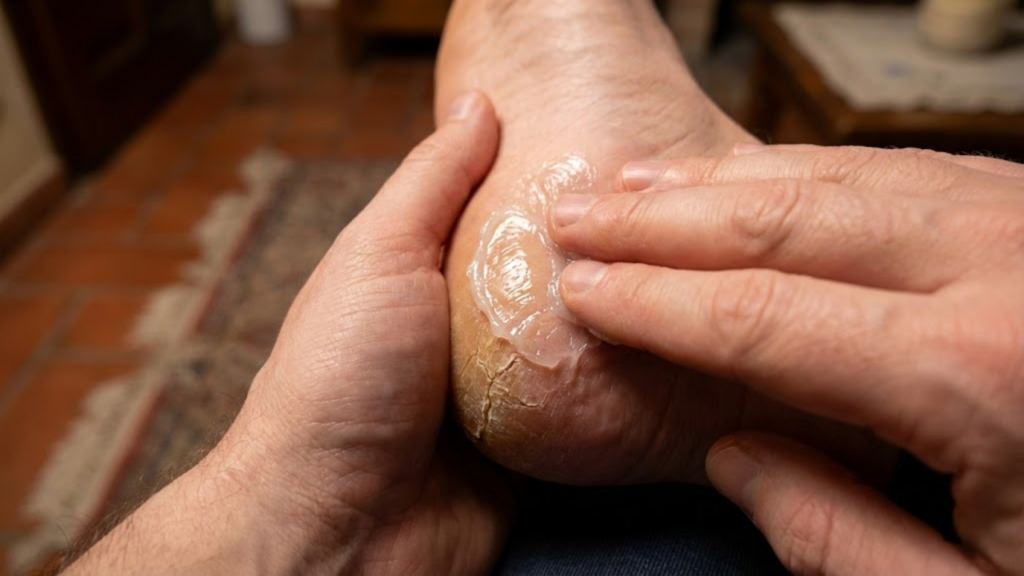 Pote de vaselina ao lado de um calcanhar liso sob a luz da manhã