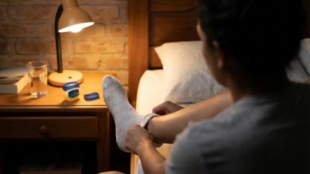 Visão por trás de alguém calçando meia de algodão no pé hidratado.