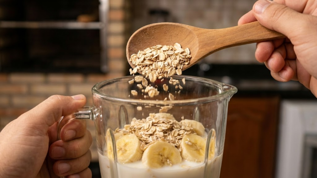 Foto em primeira pessoa mostrando mãos despejando flocos de aveia no liquidificador com banana