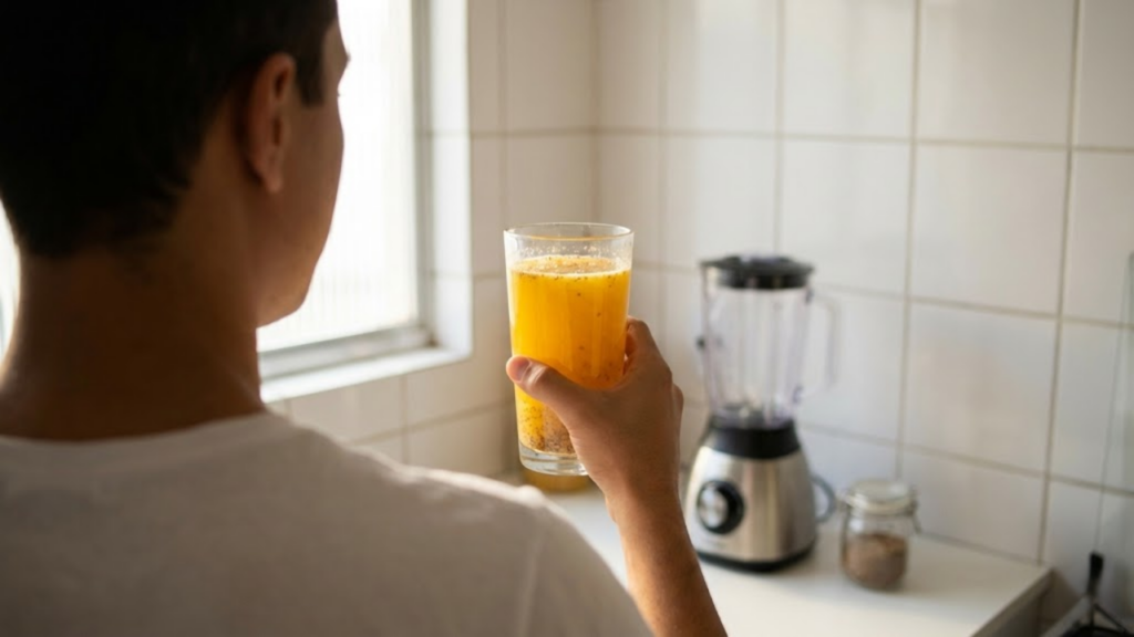 Visão por trás de alguém segurando um copo de suco misturado com linhaça em uma cozinha clara e realista