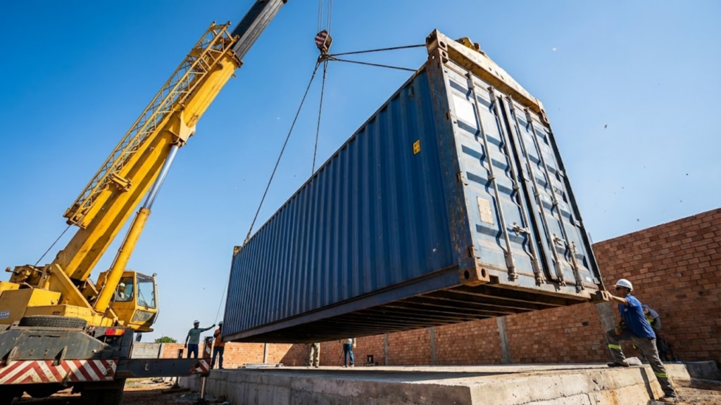 Guindaste posicionando um container de 40 pés no terreno sob o sol forte.