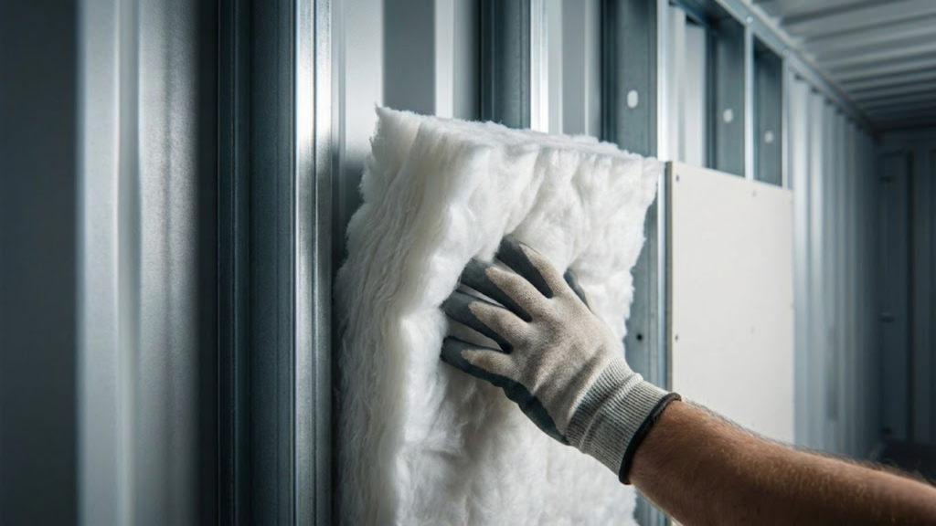 Close detalhado na instalação do isolamento térmico branco dentro da parede do container