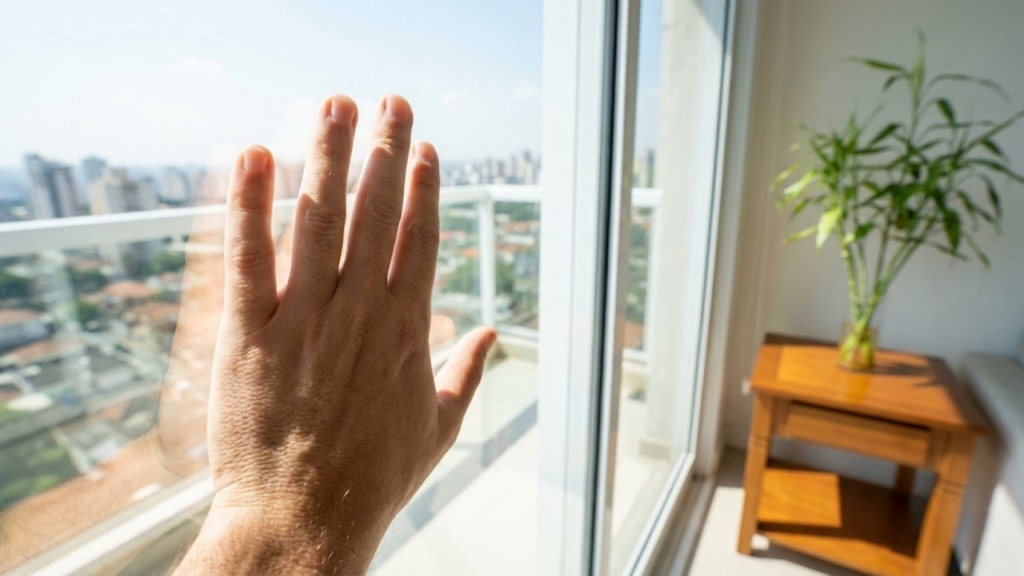Close-up de mão no vidro da sala mostrando proteção invisível e frescor.