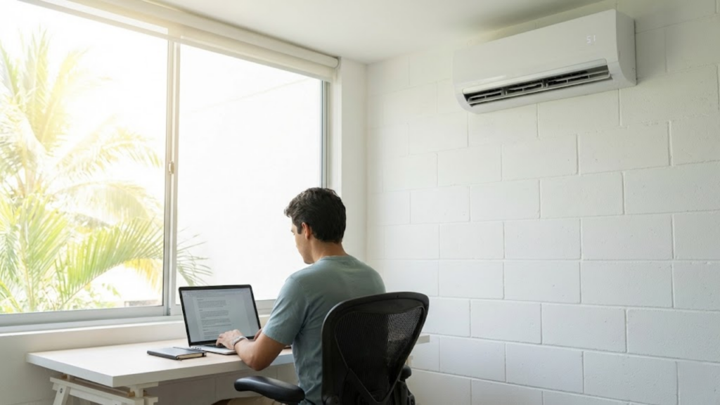 Pessoa trabalhando sem reflexos perto da janela em um ambiente fresco e claro