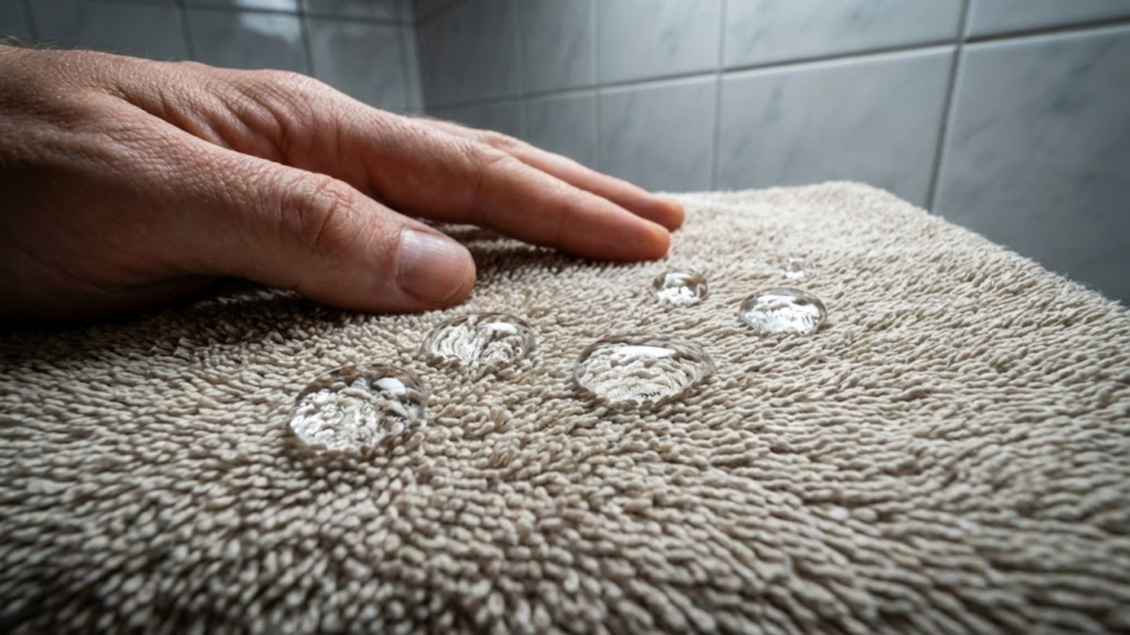 Gotas de água paradas sobre as fibras da toalha sem serem absorvidas