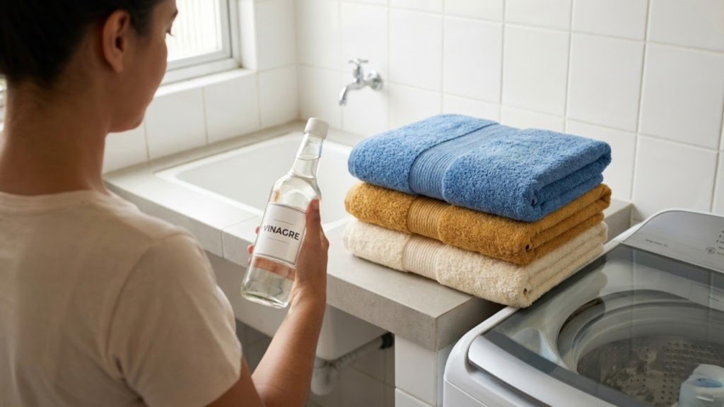 Pessoa usando vinagre para lavar uma pilha de toalhas coloridas e macias