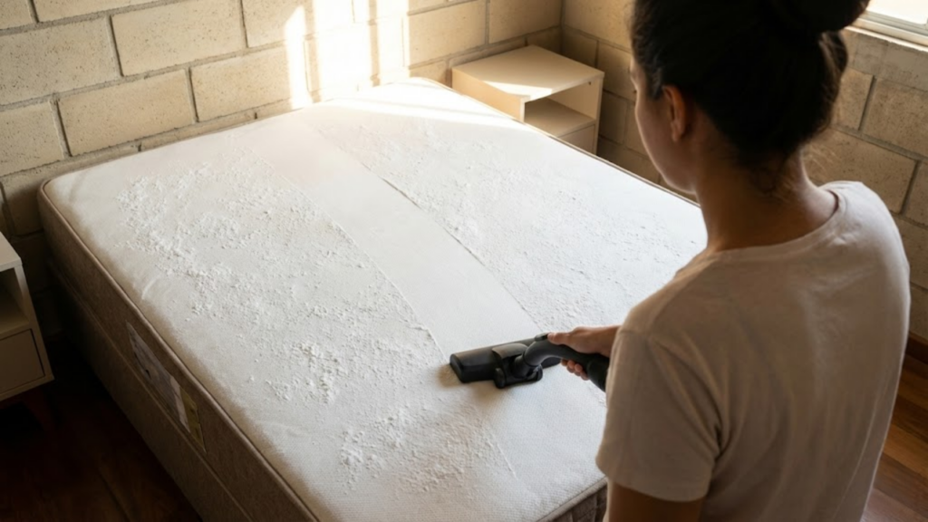 Pessoa aspirando o pó de bicarbonato e revelando o colchão limpo