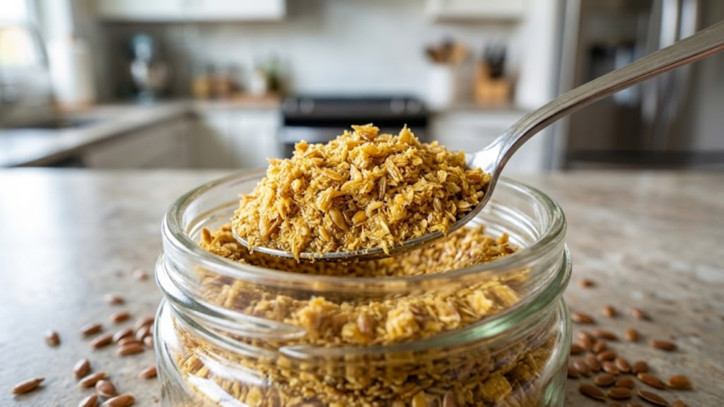 Close detalhado de uma colher pegando linhaça dourada recém-triturada do pote