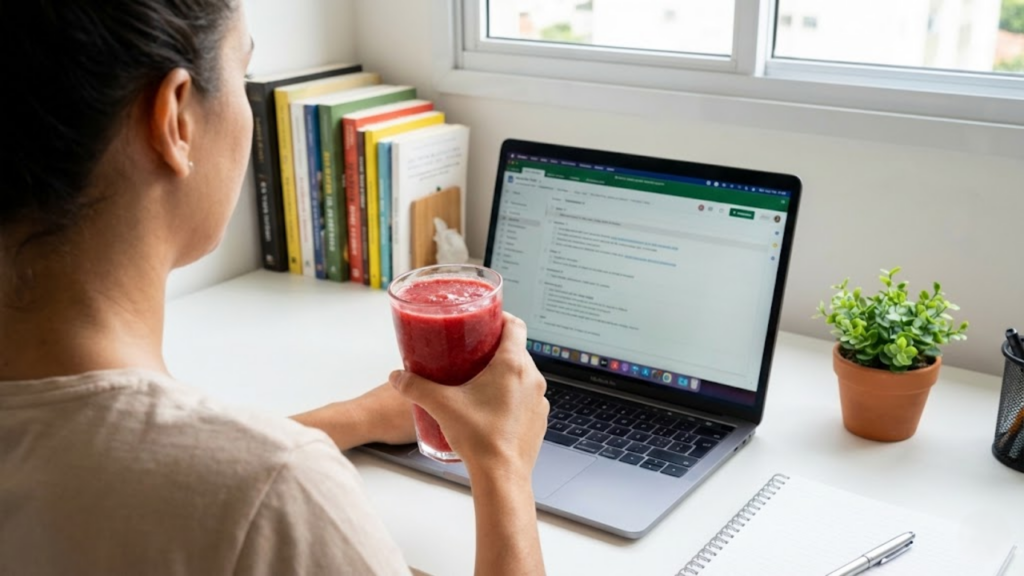 Pessoa no home office segurando o copo de vitamina, pronta para trabalhar com foco