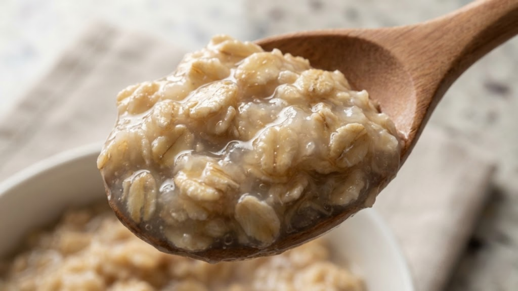 Close macro em colherada de aveia mostrando a textura densa e nutritiva