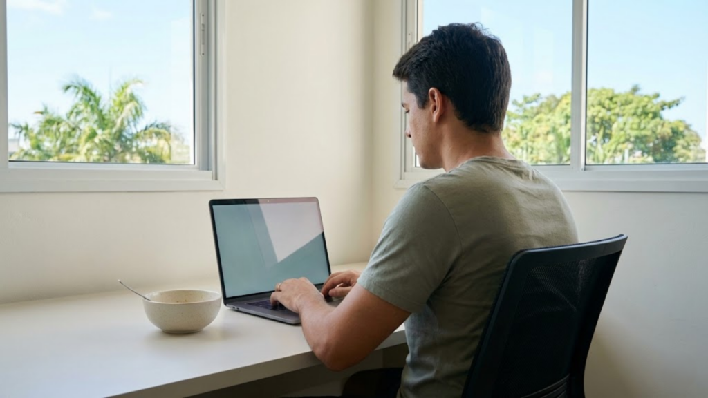 Pessoa focada no trabalho com pote de aveia vazio ao lado, indicando saciedade
