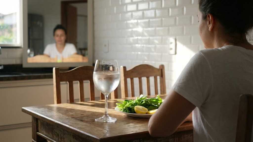 Refeição saudável com água e vegetais em cozinha ensolarada.