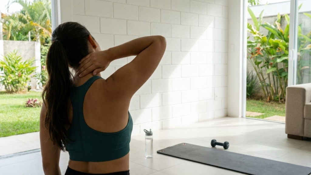 Mulher alongando o pescoço sem dor após treino de abdômen em casa
