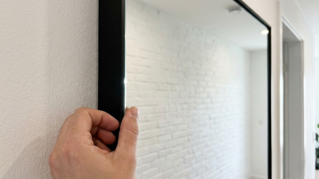 Close-up ajustando espelho que reflete profundidade na parede