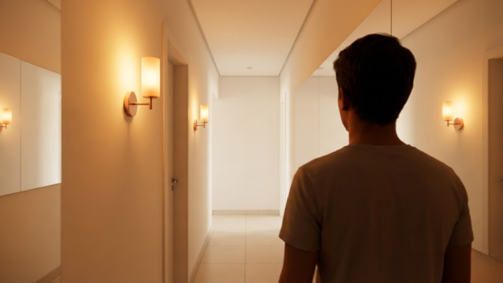 Luz de arandela refletida em espelho lateral trazendo aconchego