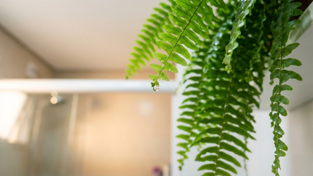 Macro de gota de vapor sendo absorvida por uma folha de samambaia