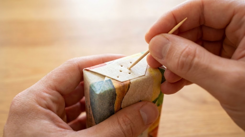 Close-up de mãos furando a embalagem do sabonete com um palito