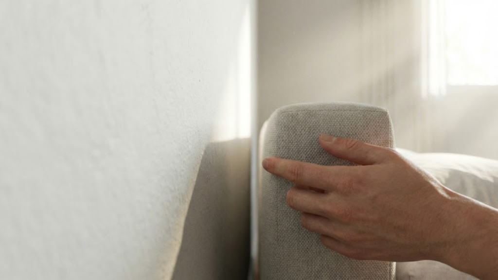 Close macro de uma mão medindo o espaço entre a cabeceira e a parede.