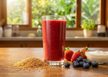 Copo de vitamina de frutas vermelhas e linhaça brilhando sob a luz da manhã na cozinha