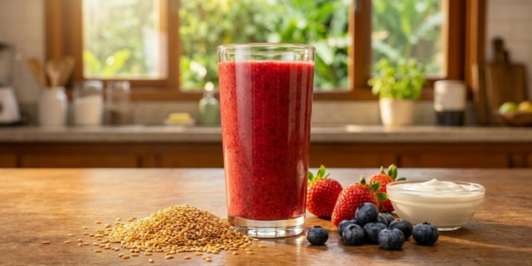 Copo de vitamina de frutas vermelhas e linhaça brilhando sob a luz da manhã na cozinha