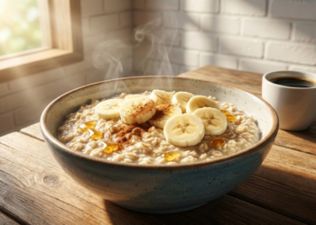 Tigela de aveia cremosa com bananas sob luz solar matinal radiante