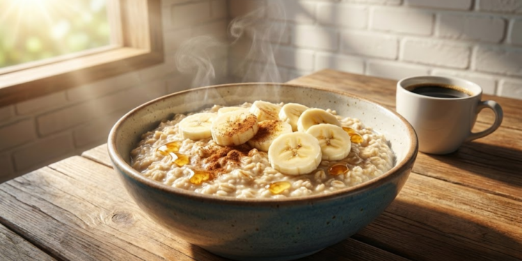 Tigela de aveia cremosa com bananas sob luz solar matinal radiante