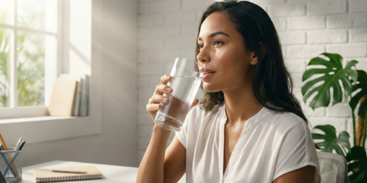 Mulher radiante bebendo água em um escritório iluminado pelo sol