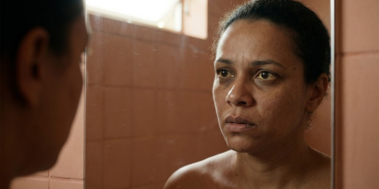 Pessoa preocupada ao espelho notando olhos amarelados e olheiras