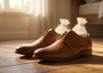 Sapatos de couro com sachês de bicarbonato sob a luz dourada da tarde
