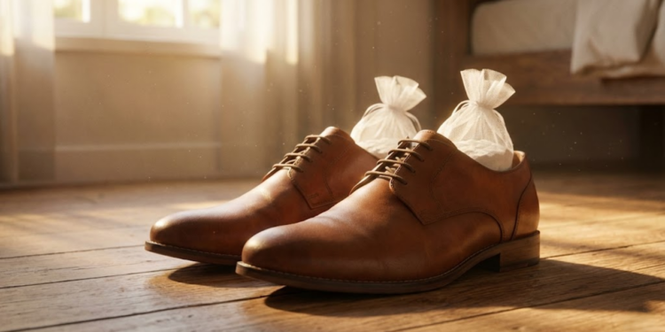 Sapatos de couro com sachês de bicarbonato sob a luz dourada da tarde