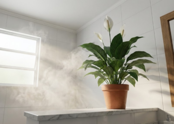 Lírio da paz em prateleira alta absorvendo o vapor do banho matinal