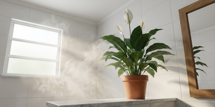 Lírio da paz em prateleira alta absorvendo o vapor do banho matinal