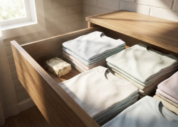 Gaveta organizada com roupas claras e um sabonete perfumado sob a luz da manhã