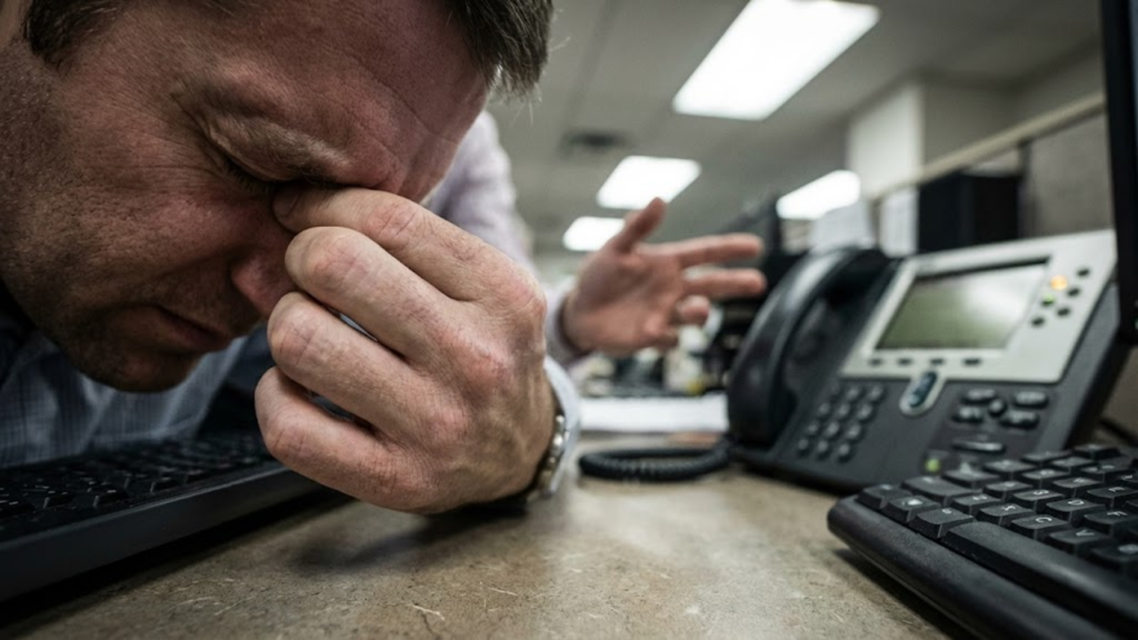 Close de mão tensa na têmpora em escritório caótico e barulhento.