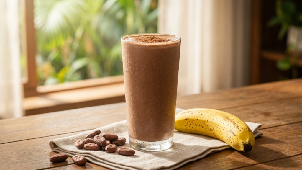 Vitamina cremosa de cacau e banana sob a luz suave da manhã