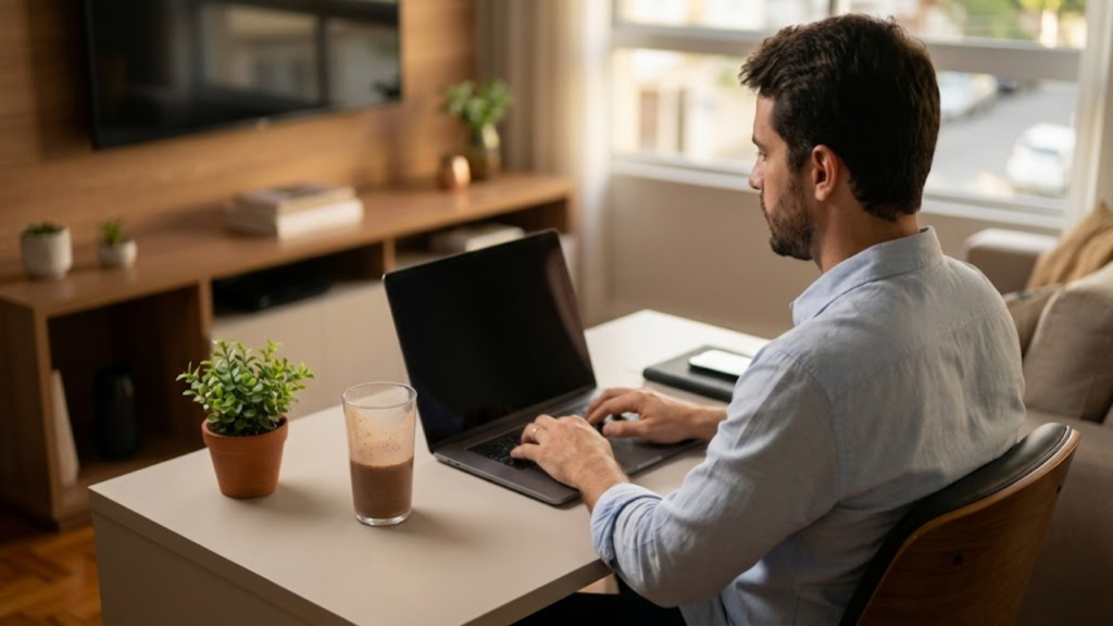 Profissional focado e calmo trabalhando com sua vitamina ao lado