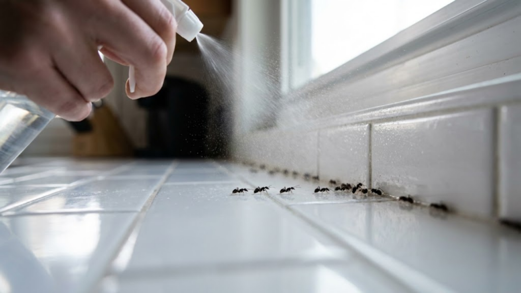 Close macro de formigas no azulejo sendo combatidas com o borrifador