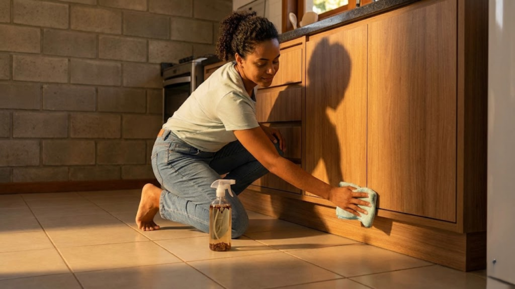 Dona de casa aplicando a mistura nos rodapés da cozinha ao entardecer