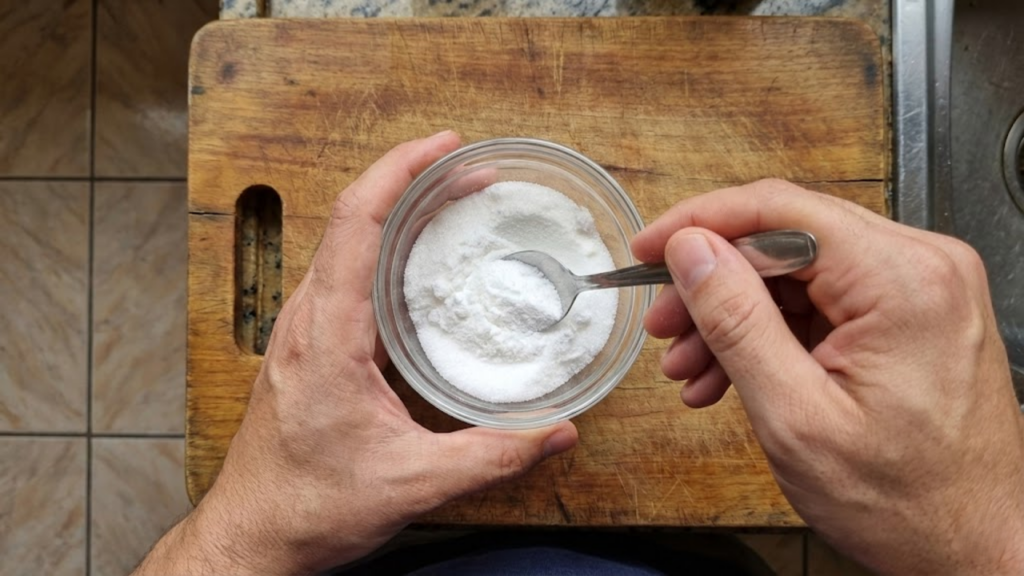 Close das mãos misturando açúcar e bicarbonato em uma tigela pequena
