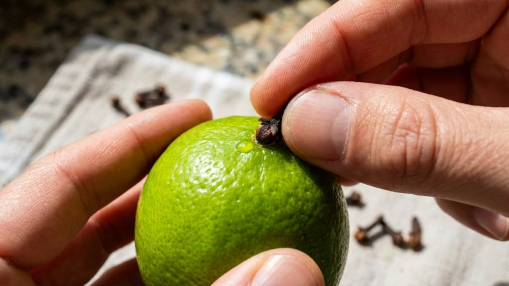 Close macro de mãos espetando cravos em um limão suculento