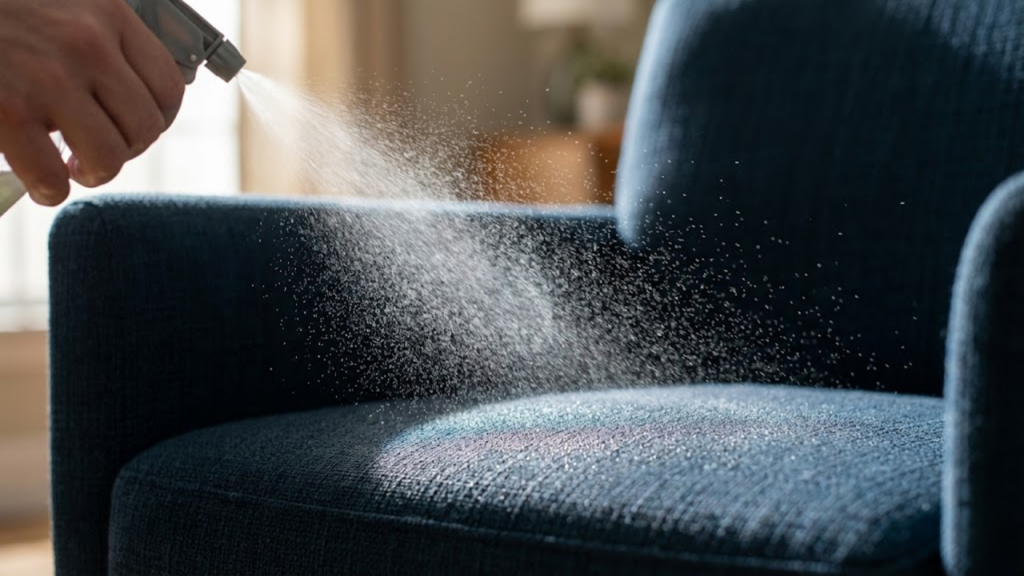 Macro de névoa perfumada sendo borrifada sobre o tecido do sofá