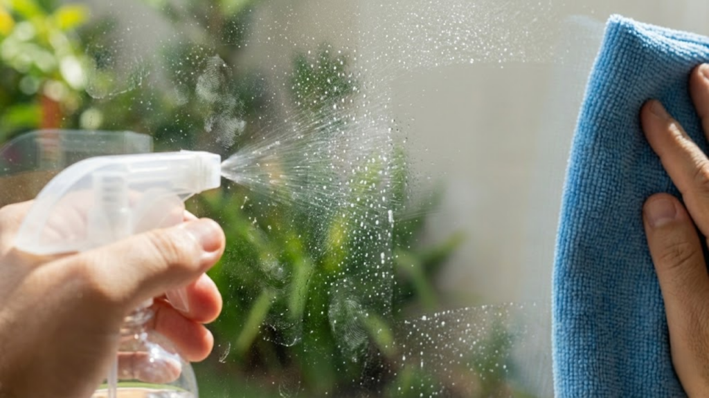 Macro de borrifador e pano de microfibra limpando vidro sujo, mostrando a faixa limpa