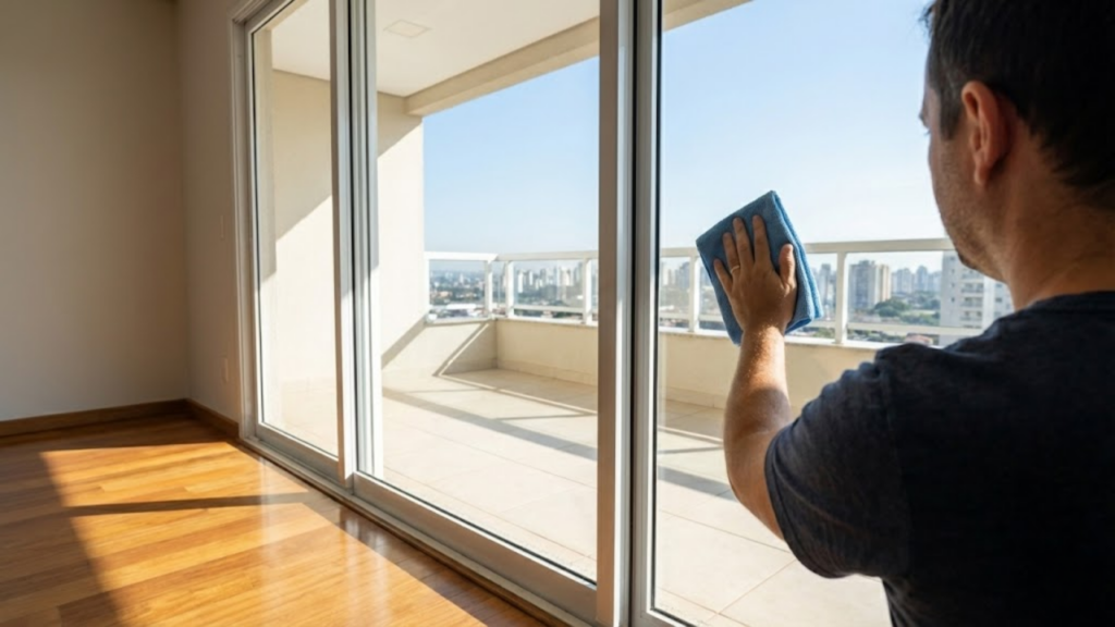 Pessoa finalizando a limpeza de uma grande porta de vidro, que brilha ao sol da tarde