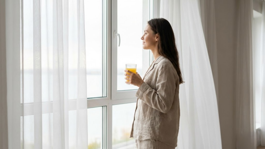 Mulher sentindo-se leve e bem-disposta em sua sala iluminada