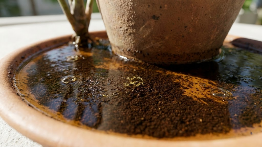 Macro da borra de café na água do pratinho, agindo contra larvas