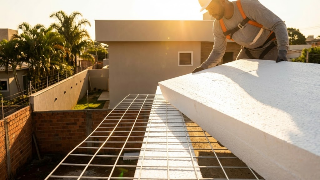 Casa moderna sendo erguida com painéis de EPS sob o sol da tarde