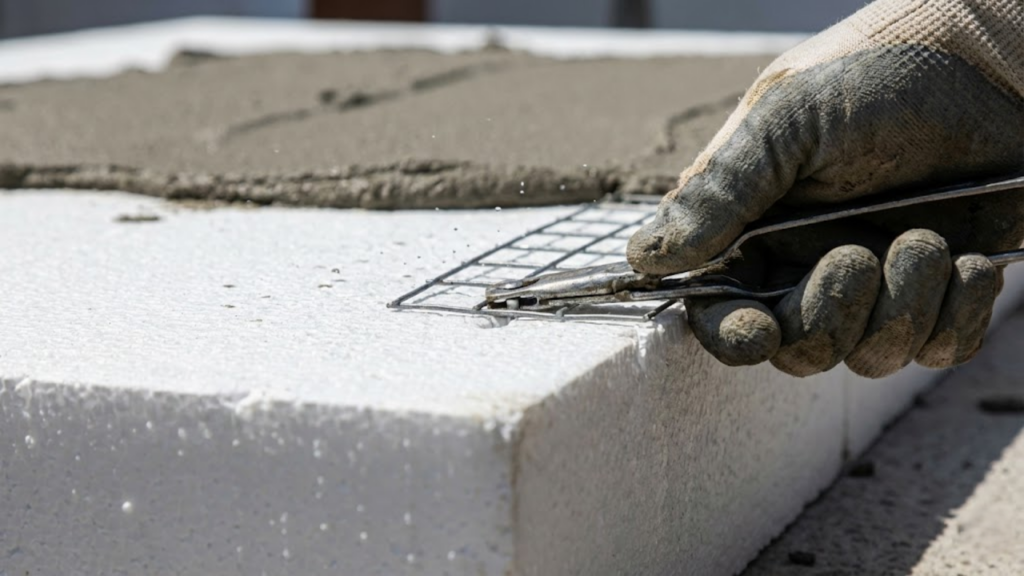 Detalhe macro da malha de aço sendo fixada no painel de isopor