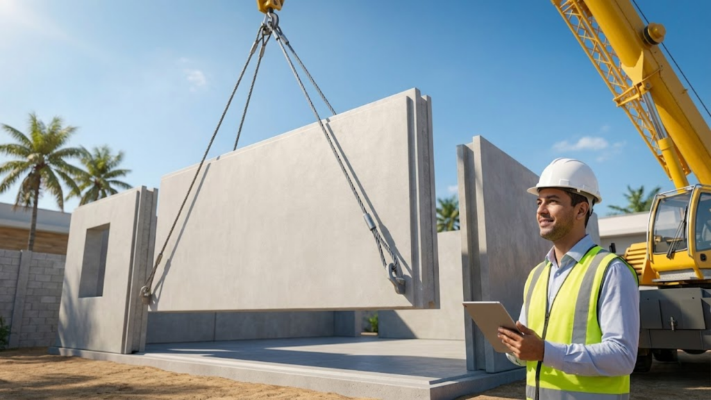 Guindaste encaixando parede modular em obra limpa e ensolarada